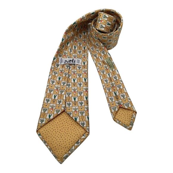 HERMÈS Yellow Coral Vegetables Print Luxury Silk Tie Made In France W: 3.5" EX C - Picture 2 of 8